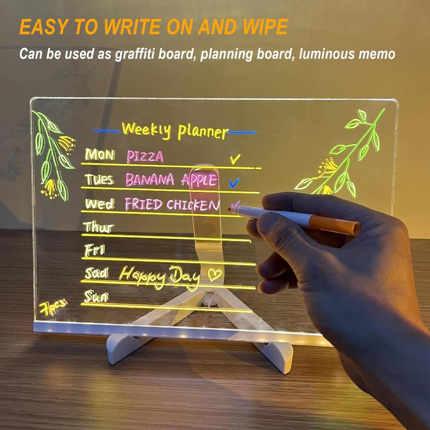 Led Drawing Board, 12"X8" Acrylic Dry Erase Board with Light, Light Up Acrylic Message Board with Stand and 7 Markers, Led Boards to Write On, Led Writing Board Led Drawing Board, Large