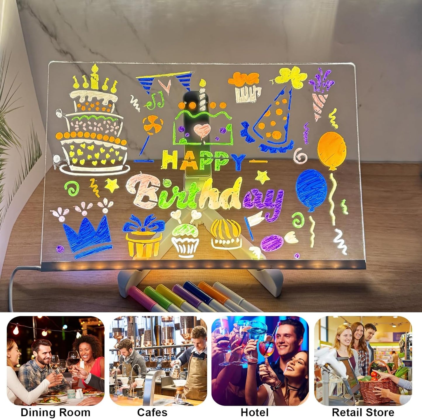 Led Drawing Board, 12"X8" Acrylic Dry Erase Board with Light, Light Up Acrylic Message Board with Stand and 7 Markers, Led Boards to Write On, Led Writing Board Led Drawing Board, Large