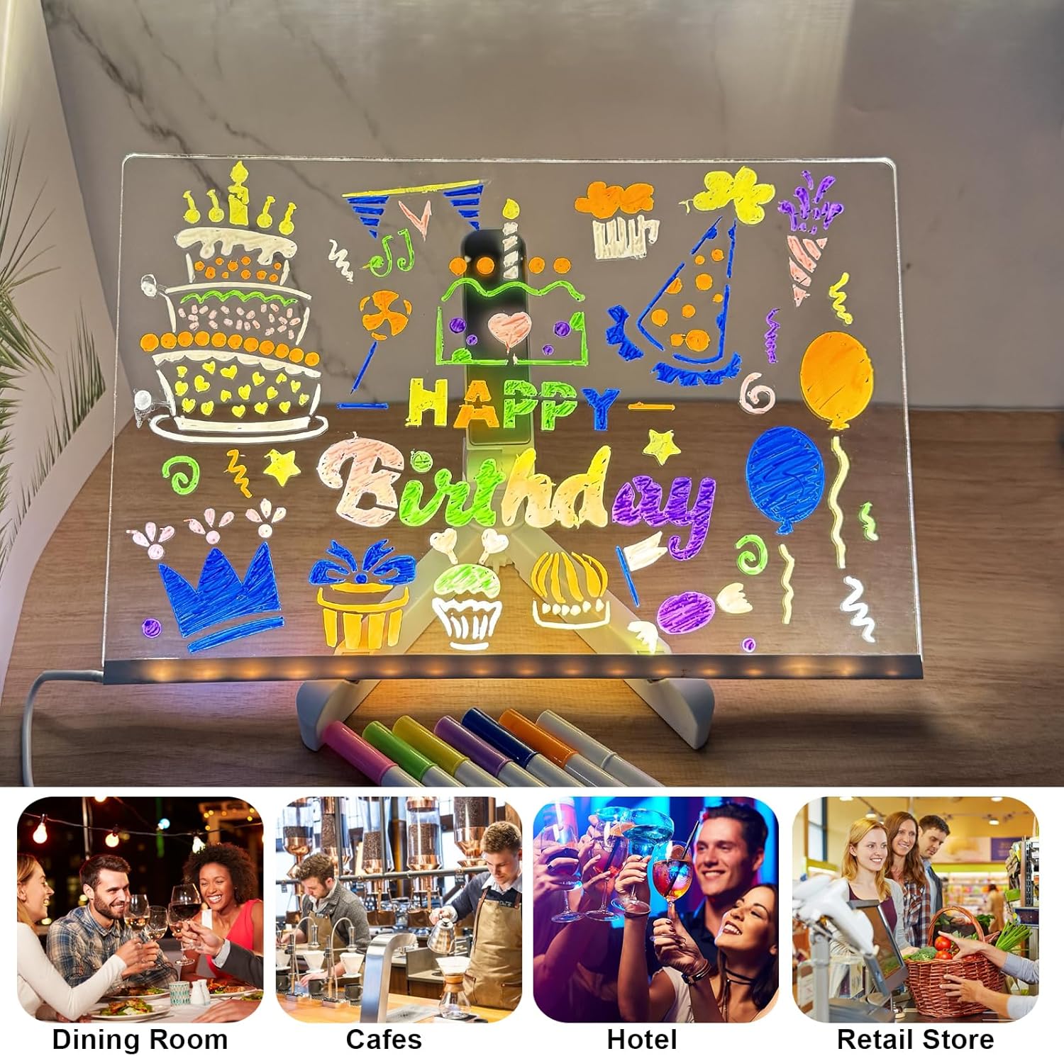 Led Drawing Board, 12"X8" Acrylic Dry Erase Board with Light, Light Up Acrylic Message Board with Stand and 7 Markers, Led Boards to Write On, Led Writing Board Led Drawing Board, Large